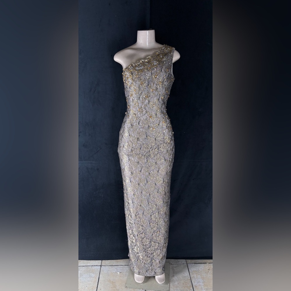 One-Shoulder Metallic Lace Evening Gown - Gold